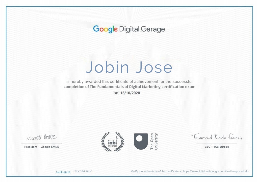 jobin jose fundamentals of digital marketing certificate