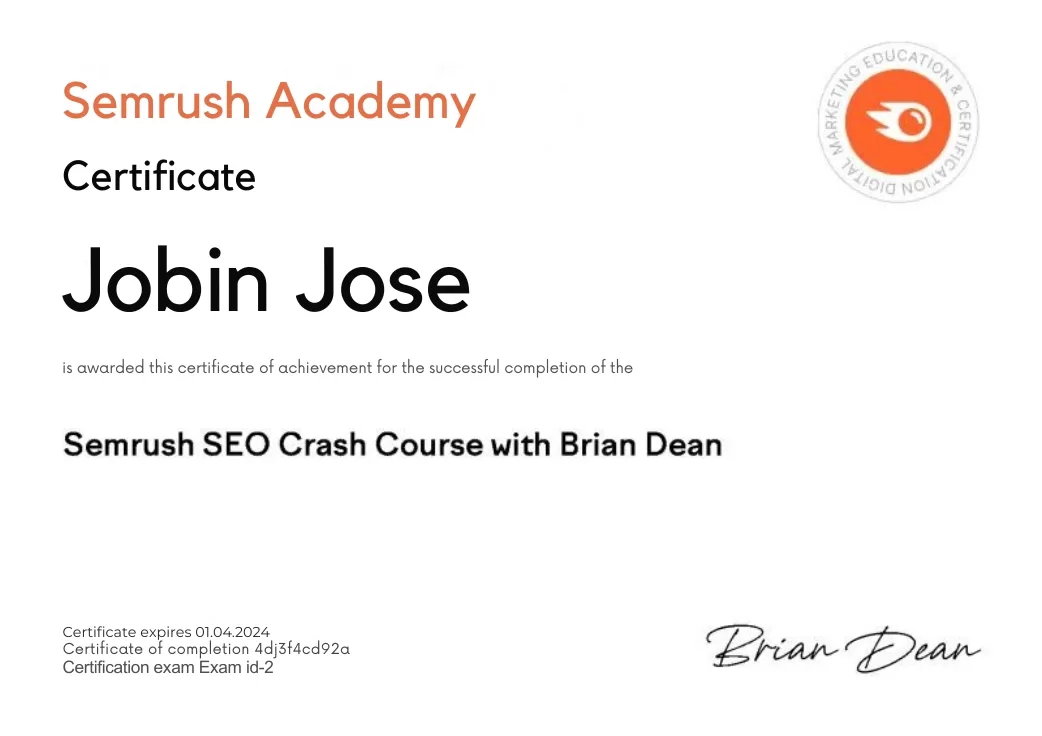Jobin Jose Semrush Academy certificate