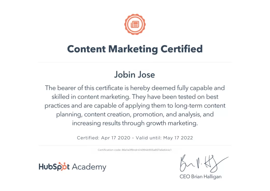 jobin jose content marketing certificate of hubspot academy