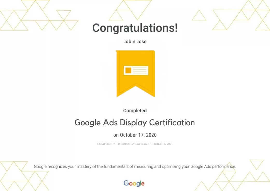 Jobin Jose google Ads display certificate