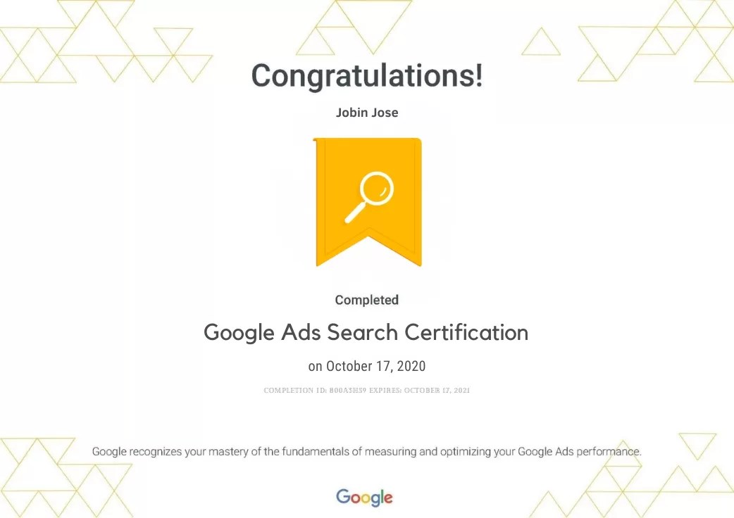 Jobin Jose google Ads search certificate